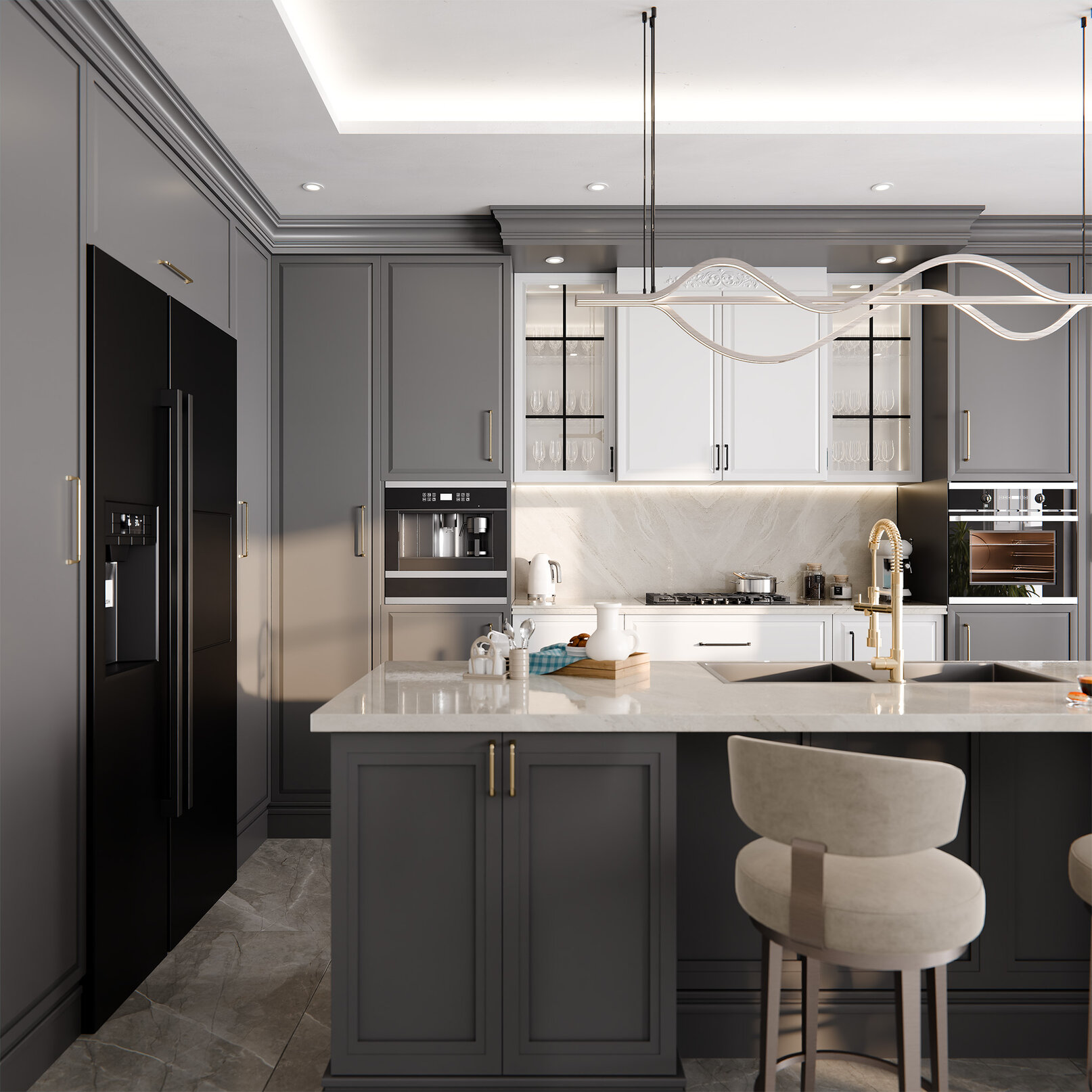 Tudor handles in white and grey kitchen