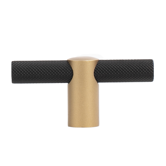 Renate Knurled Designer T-Knob, Natural Brass post with Matte Black bar