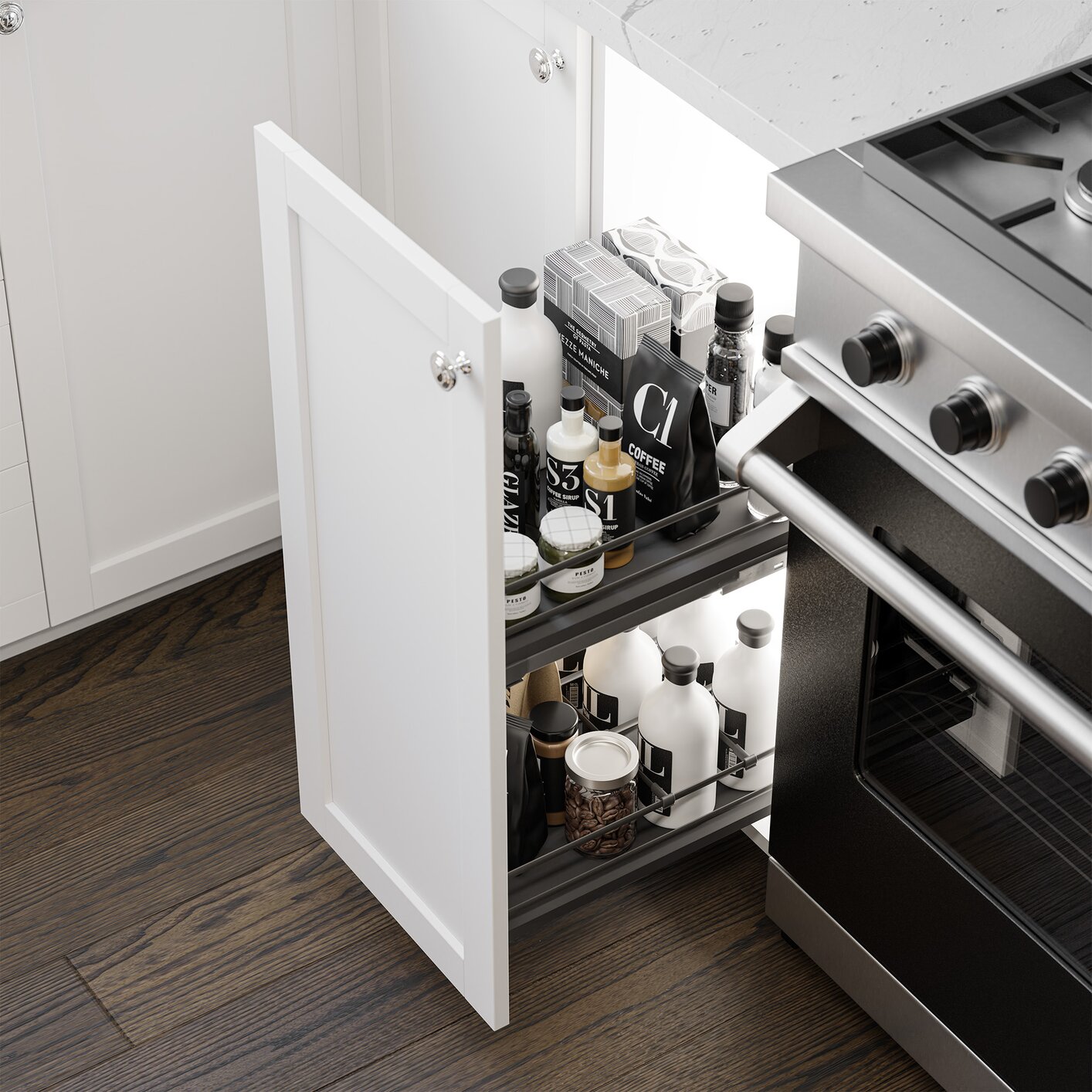 Vibo Galaxy Base Cabinet Pullout, 12in (300mm), Soft-Close, White / Chrome