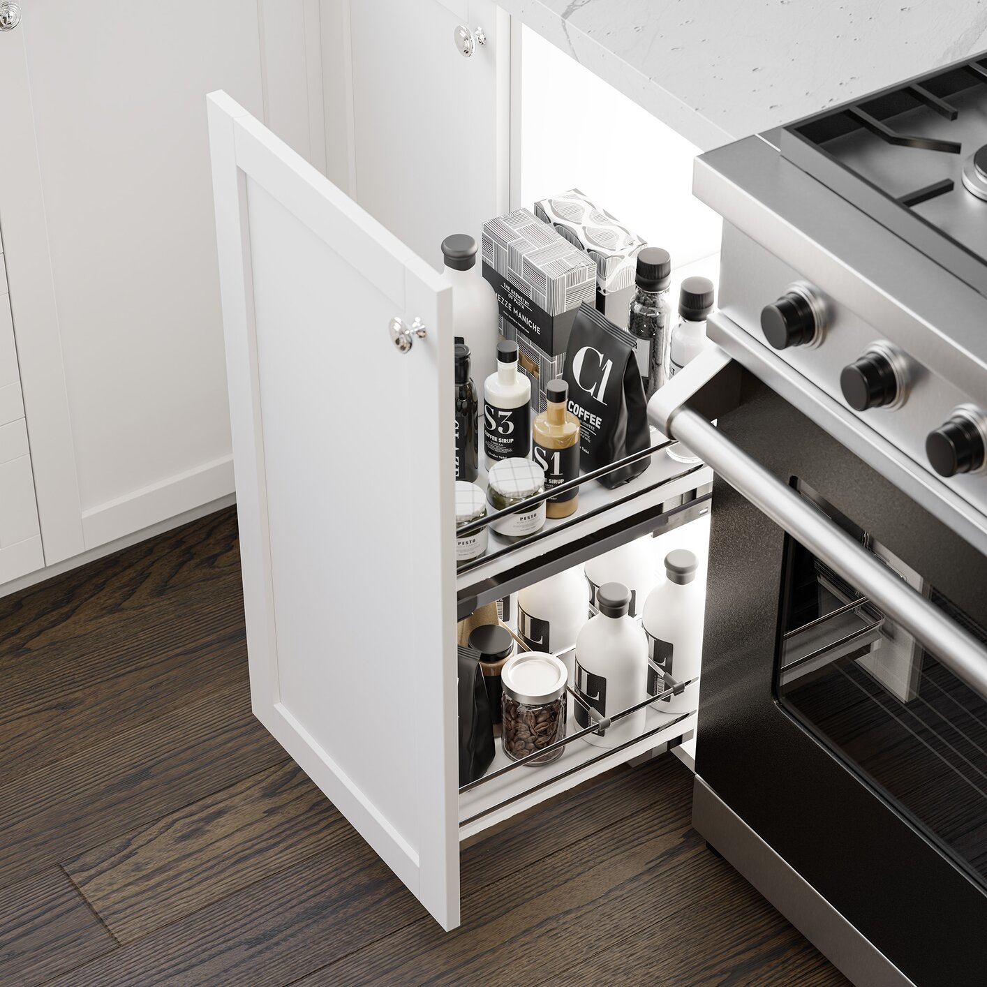 Vibo Galaxy Base Cabinet Pullout, 12in (300mm), Soft-Close, White / Chrome