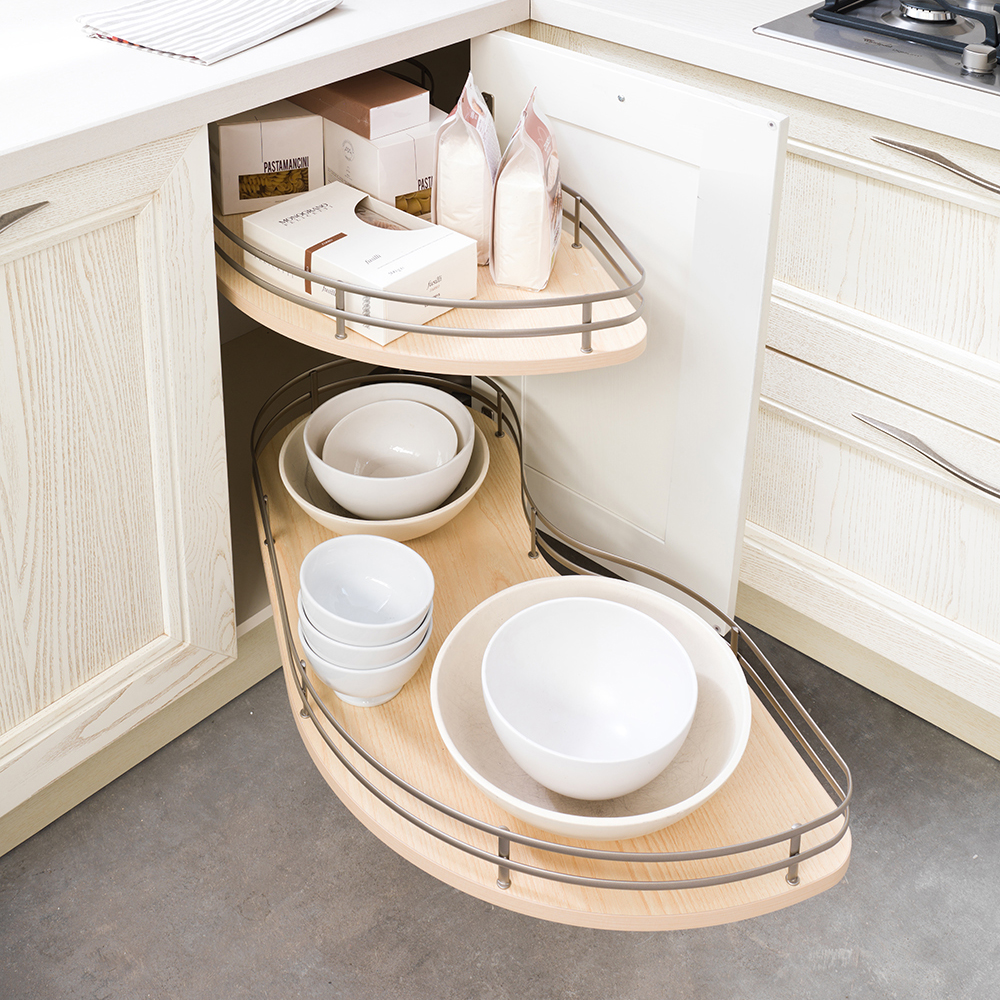 Fly Moon Shelves for Small min. 13-5/8" Opening, Maple Anti-Slip Melamine with Champagne Wire, Right Open Version