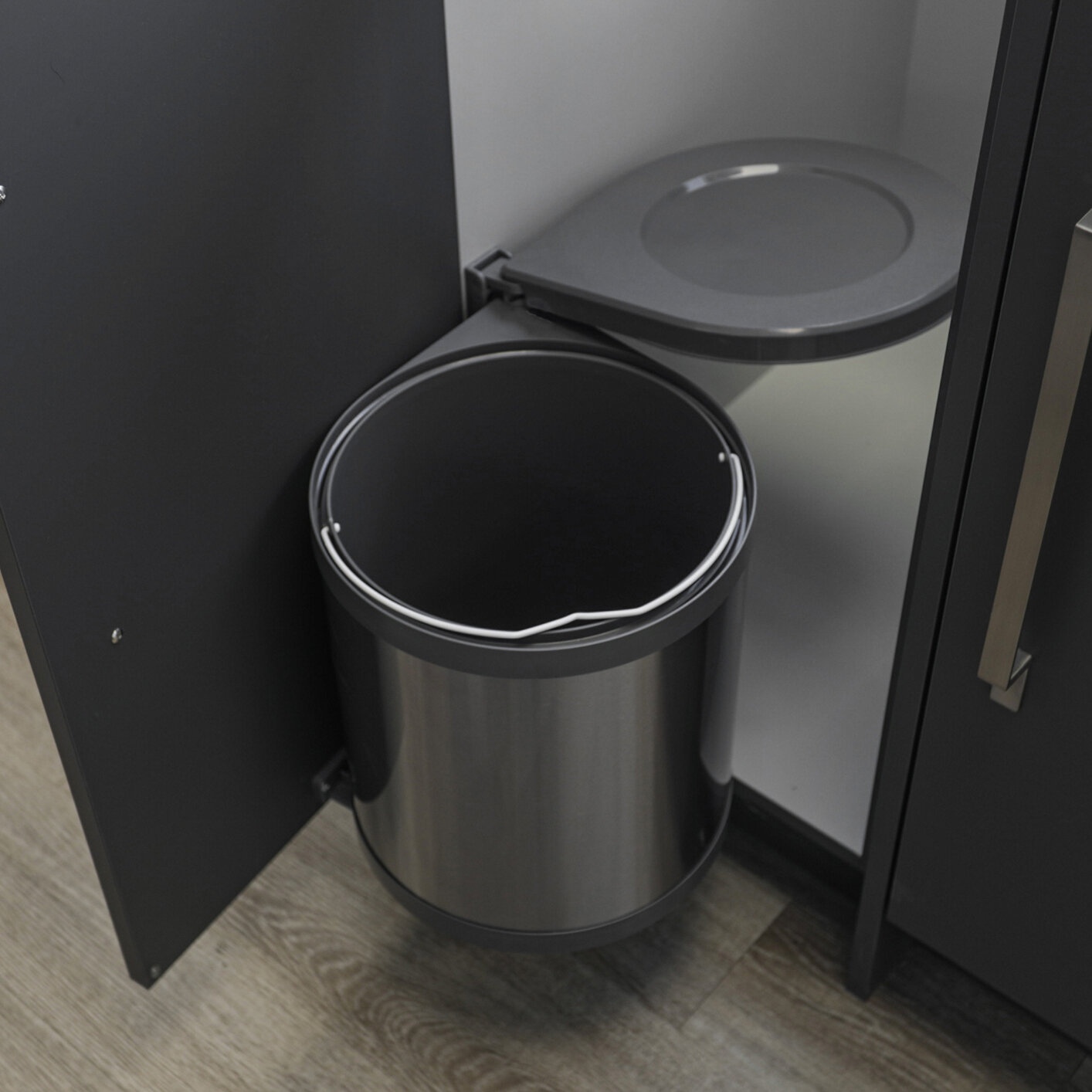 Round Stainless Steel/Grey Door Mounted Waste Bin