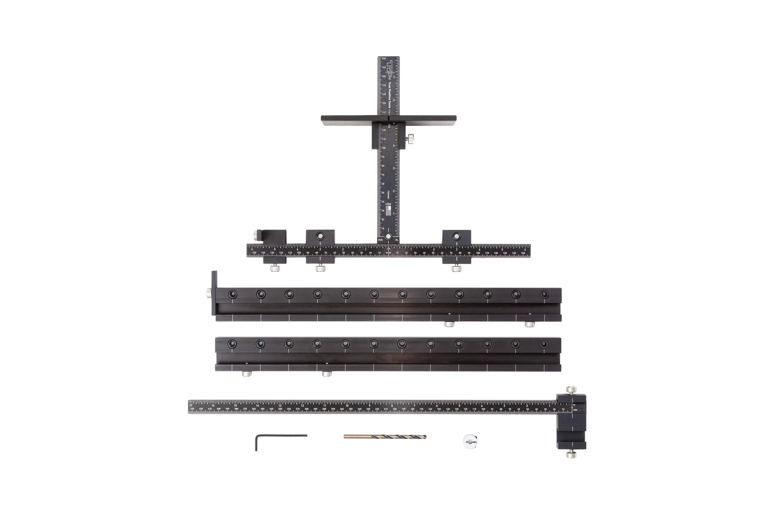 Premium Cabinet Hardware Jig, includes Extension Set, Extended Ruler Attachment, and Carrying Case.