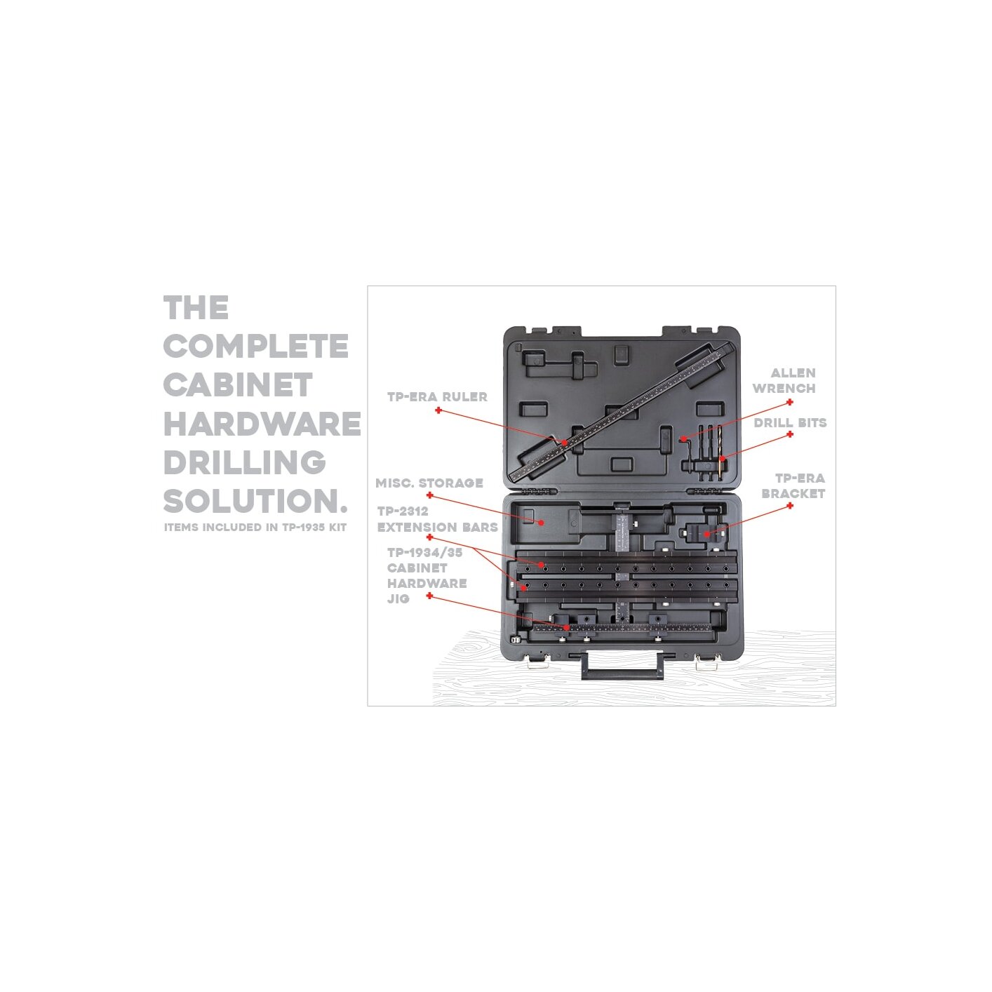 Premium Cabinet Hardware Jig, includes Extension Set, Extended Ruler Attachment, and Carrying Case.