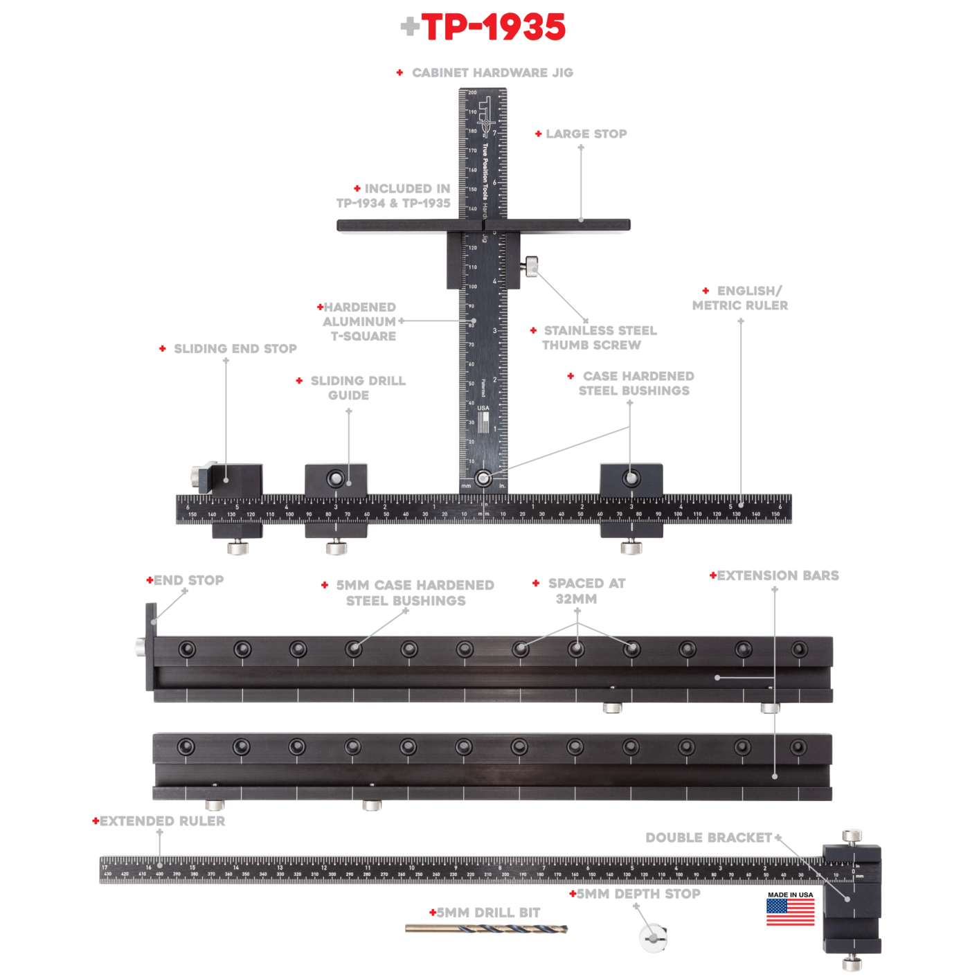 Premium Cabinet Hardware Jig, includes Extension Set, Extended Ruler Attachment, and Carrying Case.