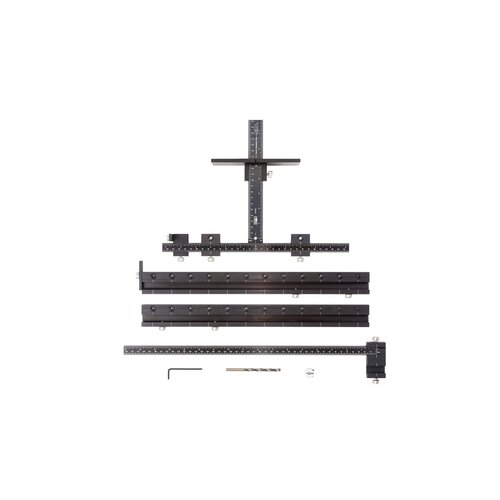 Premium Cabinet Hardware Jig, includes Extension Set, Extended Ruler Attachment, and Carrying Case.