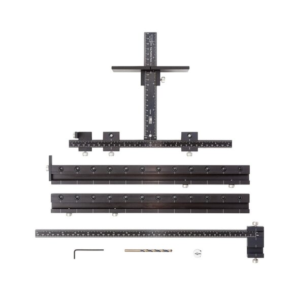 Premium Cabinet Hardware Jig, includes Extension Set, Extended Ruler Attachment, and Carrying Case.