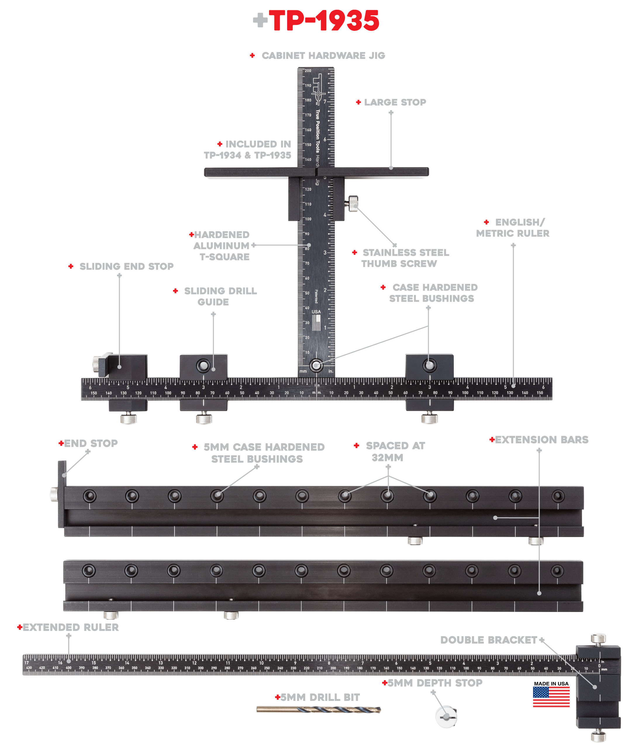 Premium Cabinet Hardware Jig, includes Extension Set, Extended Ruler Attachment, and Carrying Case.