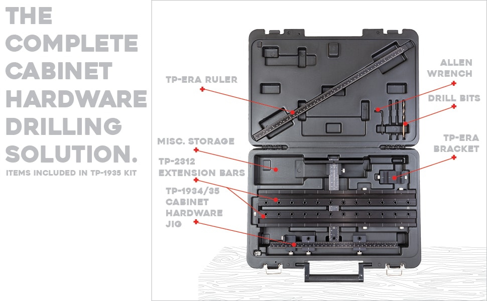 Premium Cabinet Hardware Jig, includes Extension Set, Extended Ruler Attachment, and Carrying Case.